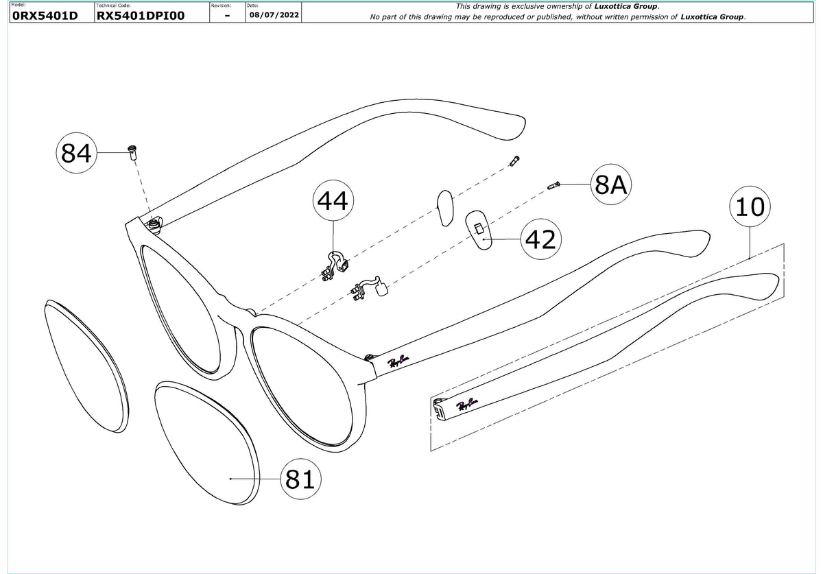 Enlarged technical drawing of the Ray-Ban RX5401D Glasses Replacement Parts