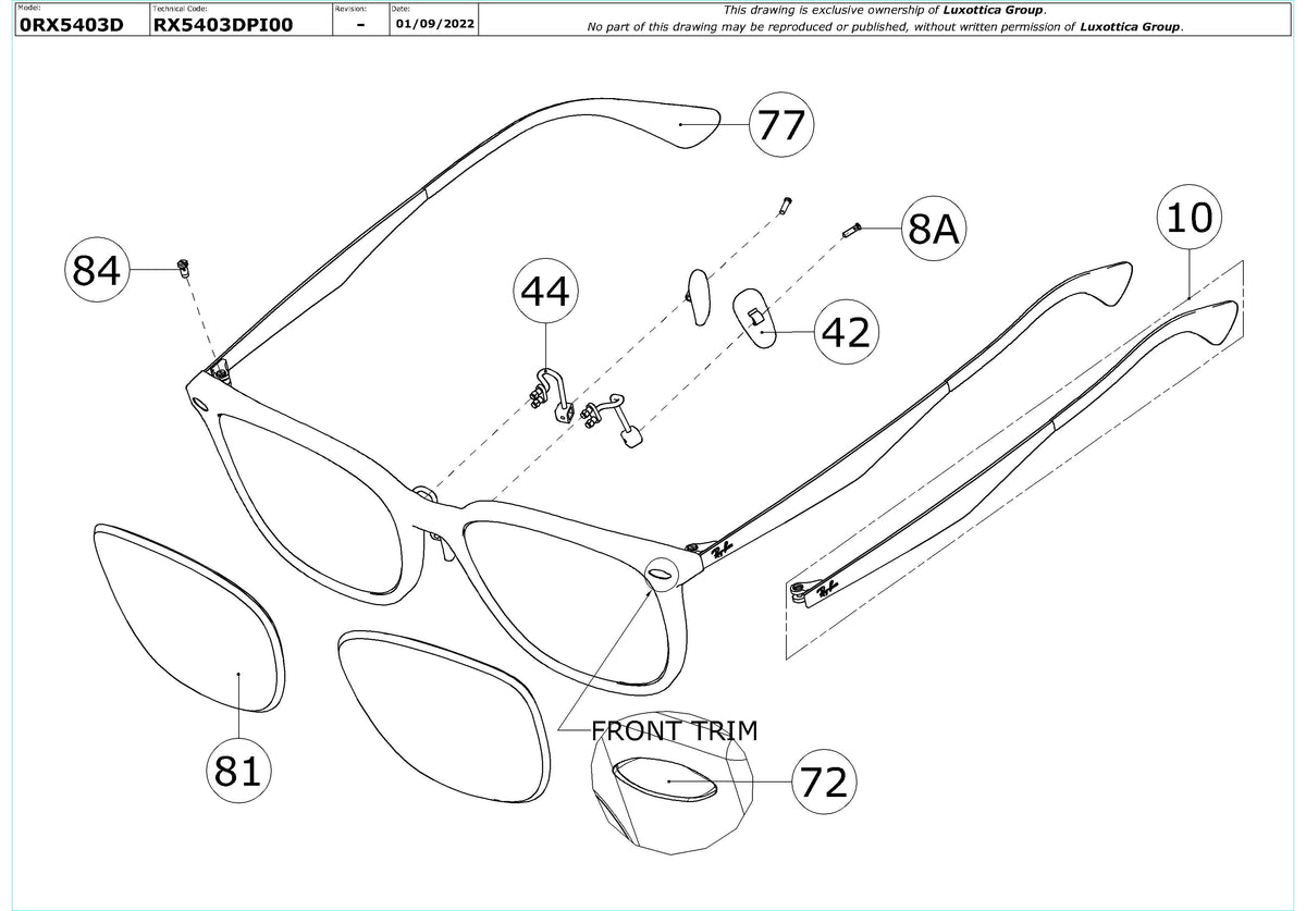 Enlarged technical drawing of the Ray-Ban RX5403D Glasses Replacement Parts