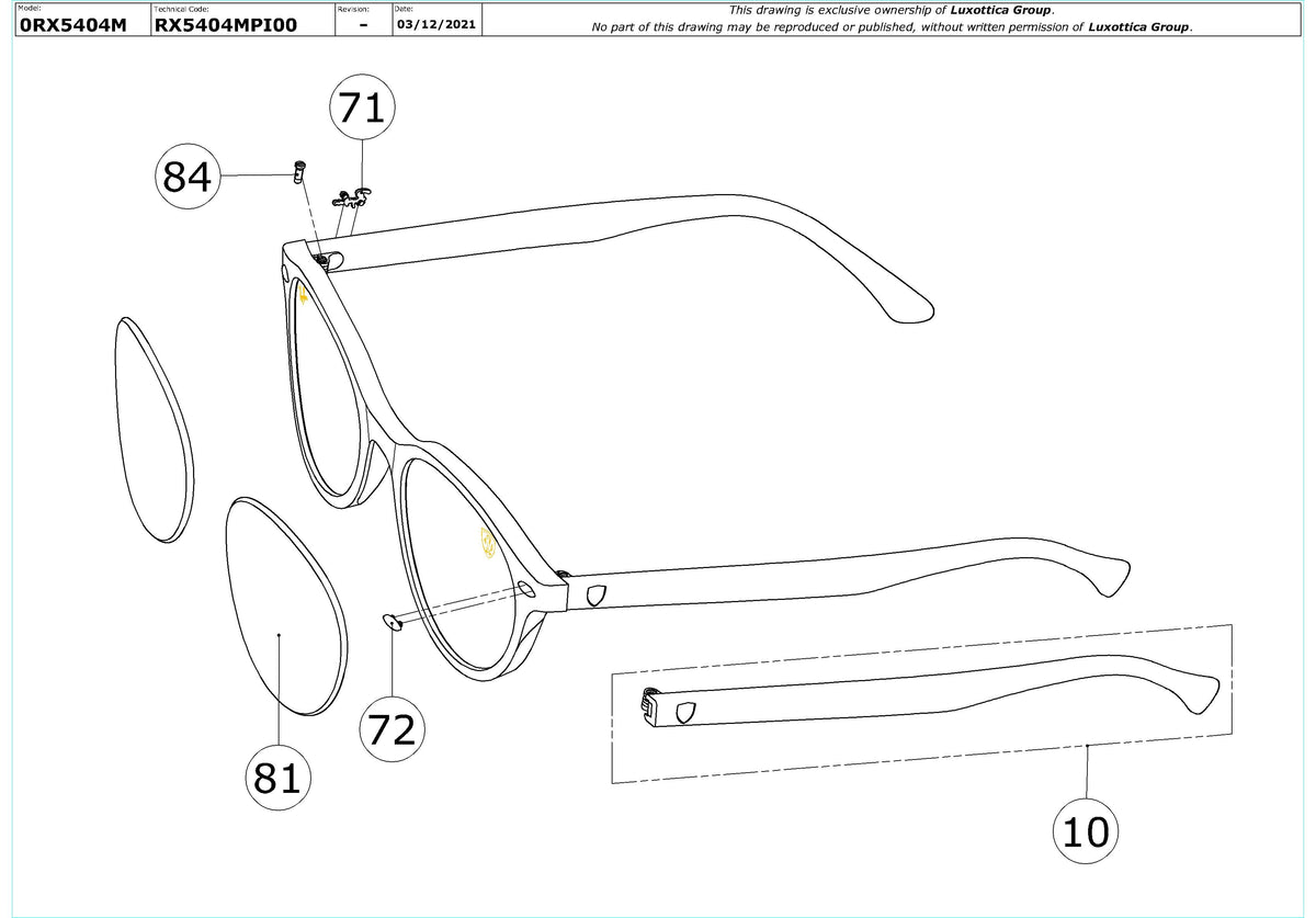Exploded technical drawing of the Ray-Ban RX5404M Glasses Replacement Parts, with each replacement part numbered