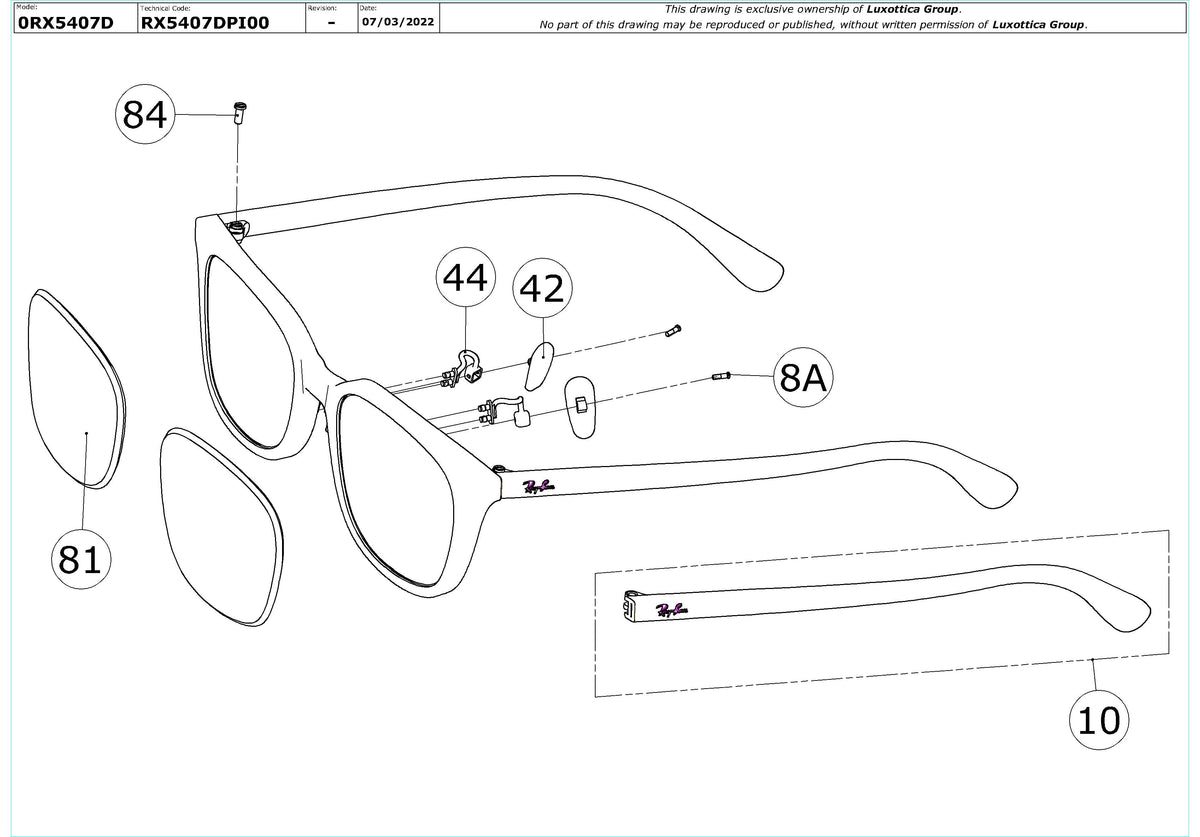 Exploded technical drawing of the Ray-Ban RX5407D Glasses Replacement Parts, with each replacement part numbered
