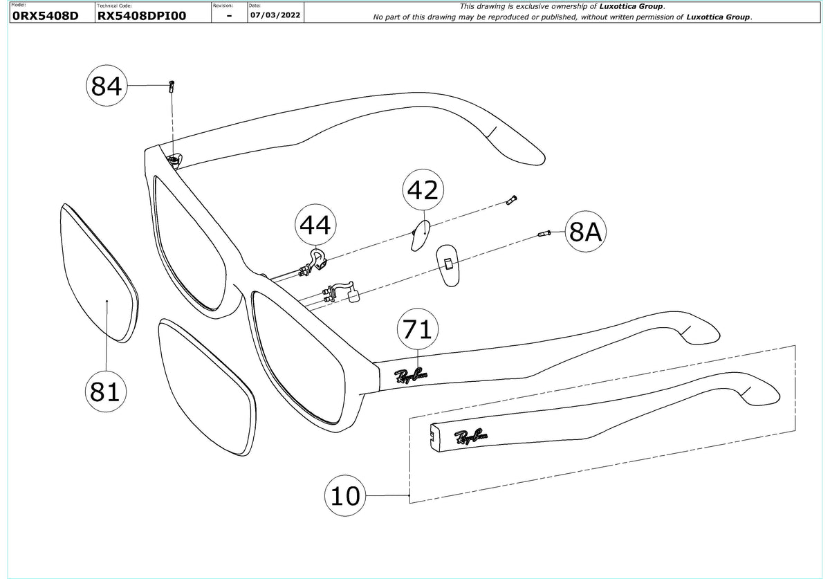 Enlarged technical drawing of the Ray-Ban RX5408D Glasses Replacement Parts