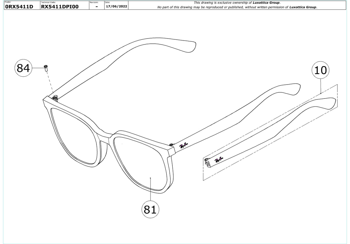 Enlarged technical drawing of the Ray-Ban RX5411D Glasses Replacement Parts