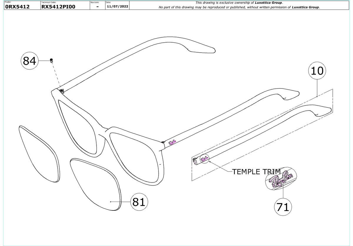 Enlarged technical drawing of the Ray-Ban RX5412 Glasses Replacement Parts