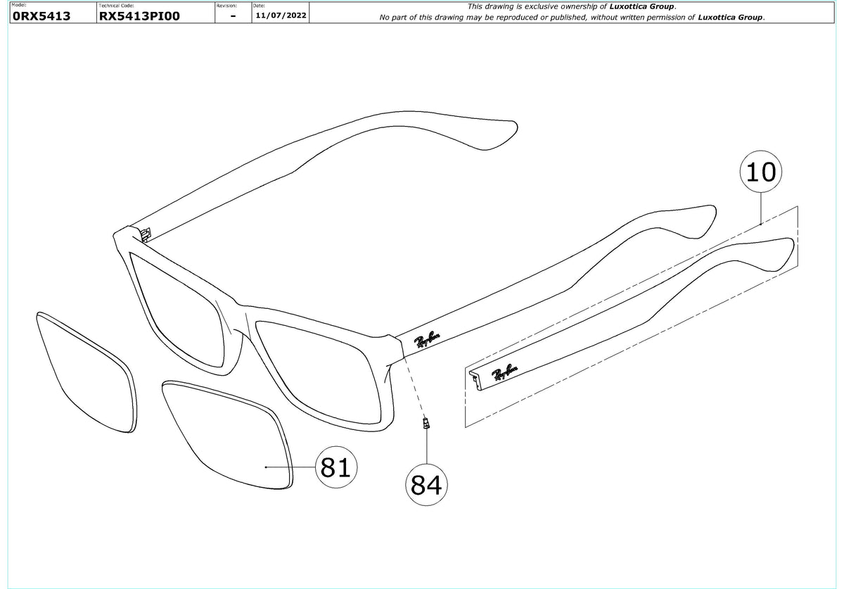 Enlarged technical drawing of the Ray-Ban RX5413 Glasses Replacement Parts
