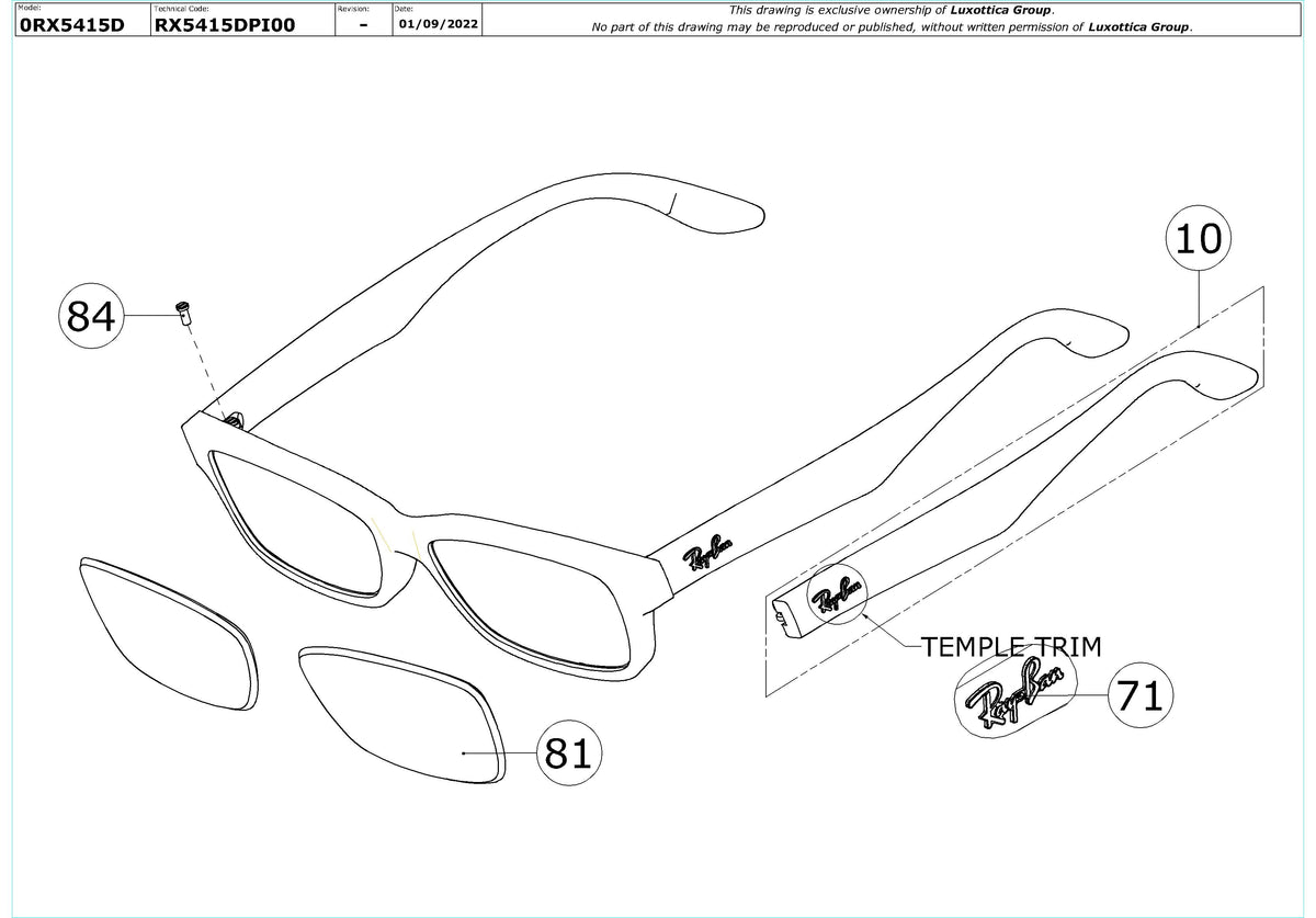 Enlarged technical drawing of the Ray-Ban RX5415D Glasses Replacement Parts