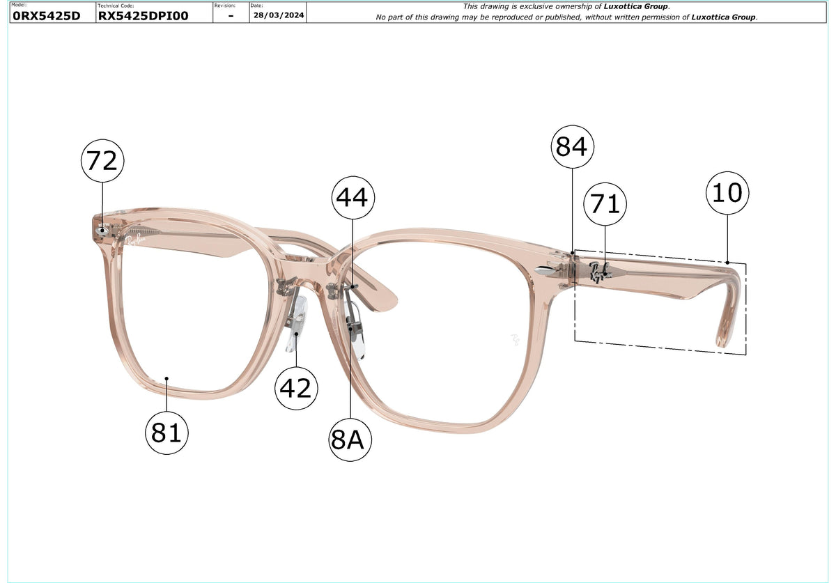 Enlarged technical drawing of the Ray-Ban RX5425D Glasses Replacement Parts