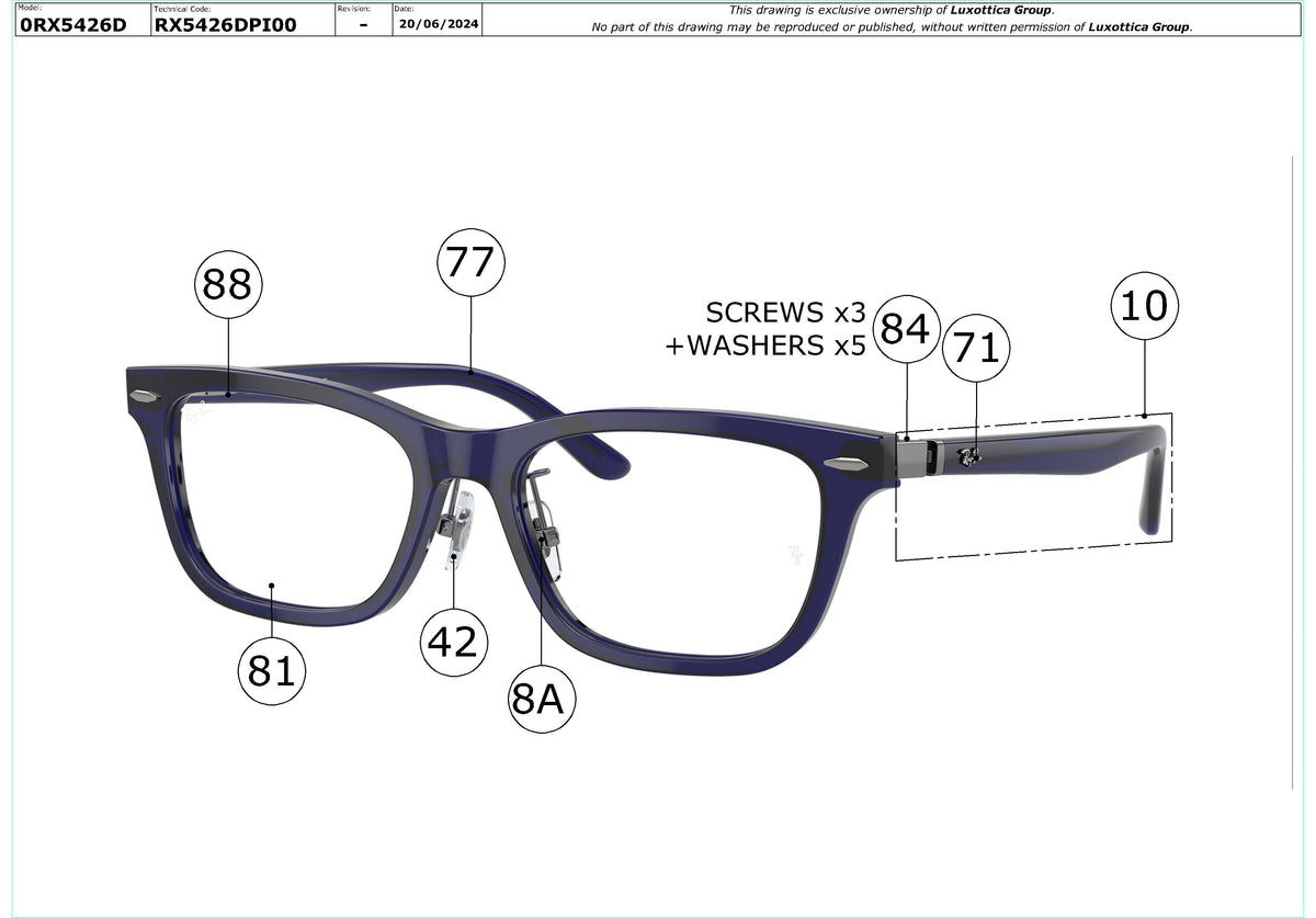 Enlarged technical drawing of the Ray-Ban RX5426D Glasses Replacement Parts