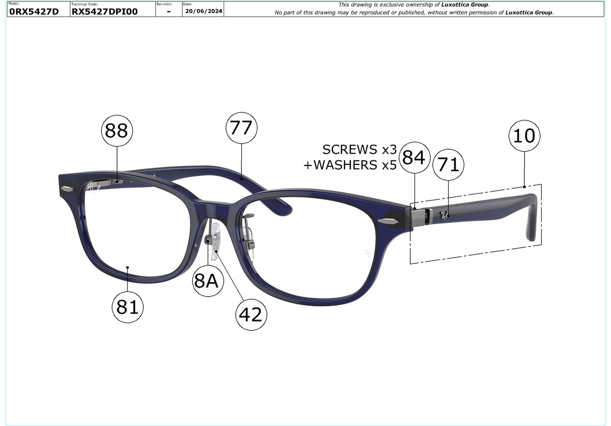 Enlarged technical drawing of the Ray-Ban RX5427D Glasses Replacement Parts