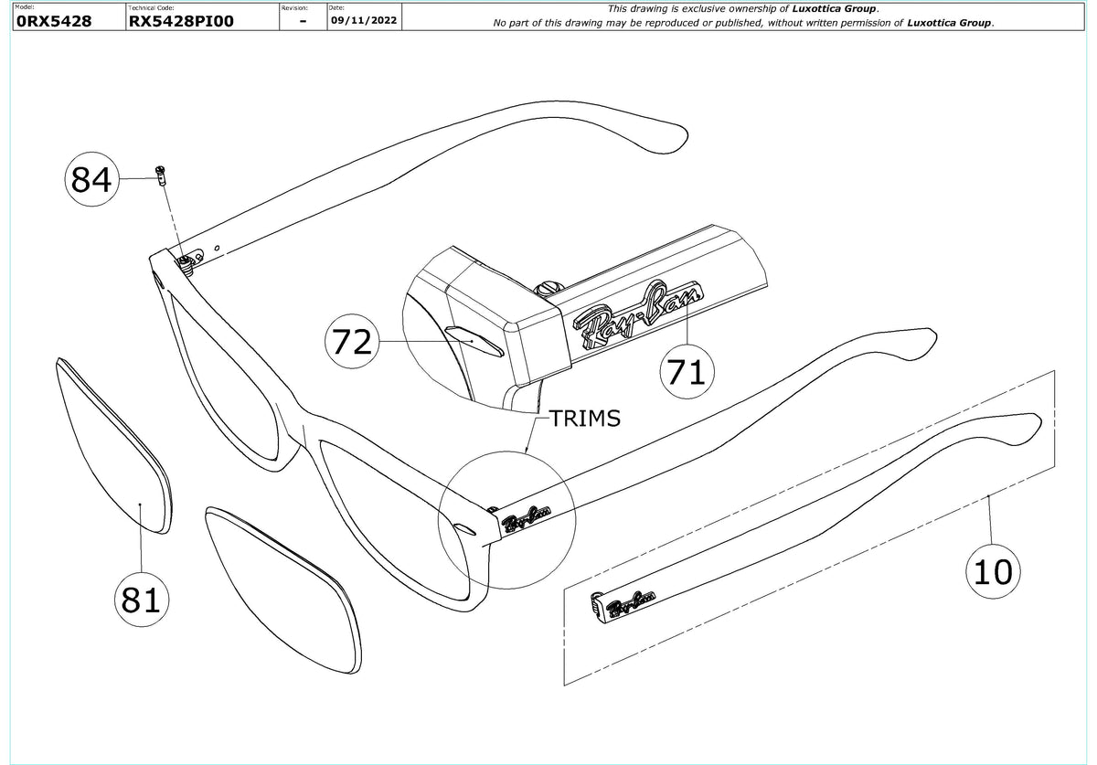 Enlarged technical drawing of the Ray-Ban RX5428 Glasses Replacement Parts