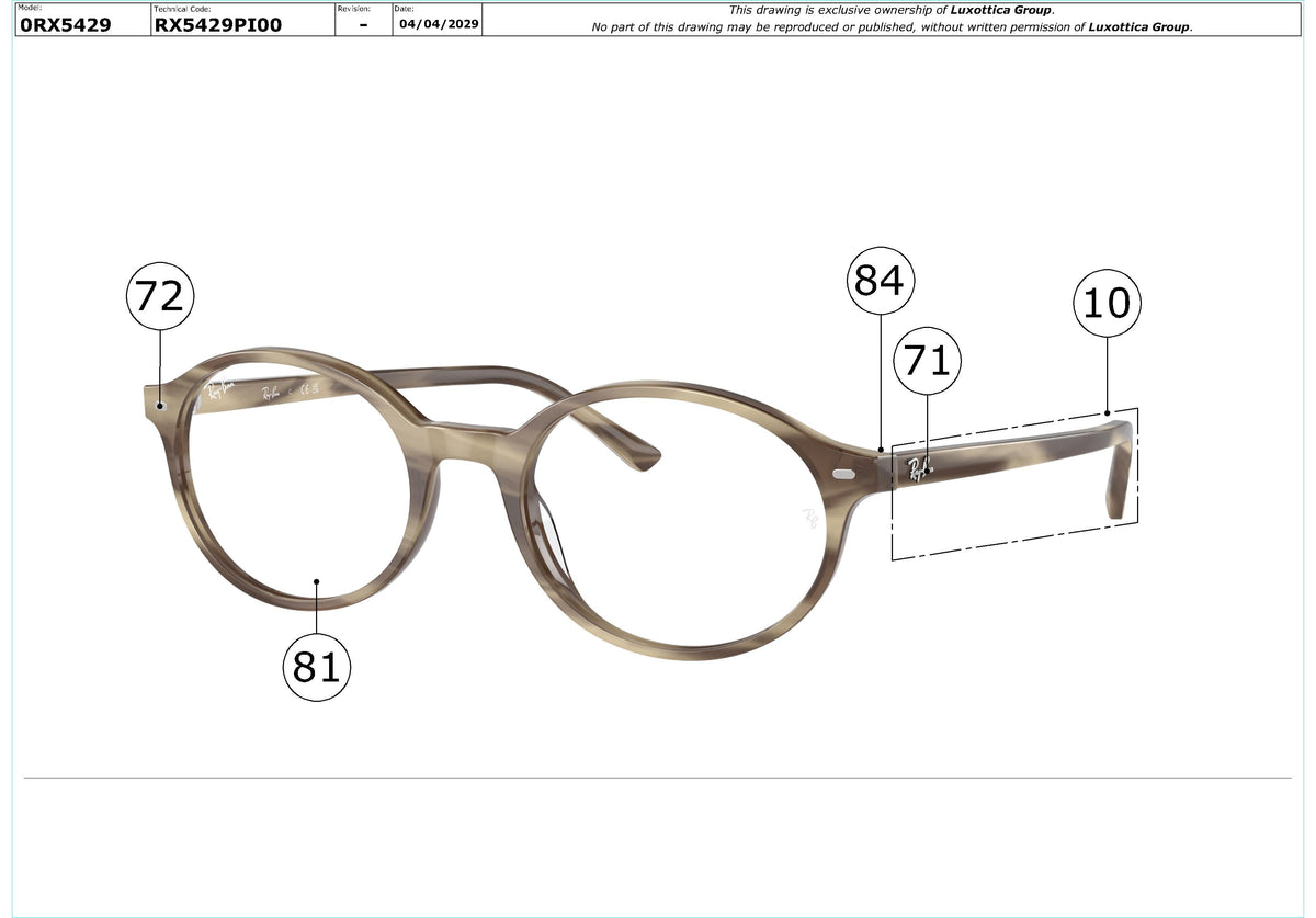 Enlarged technical drawing of the Ray-Ban German RX5429 Glasses Replacement Parts