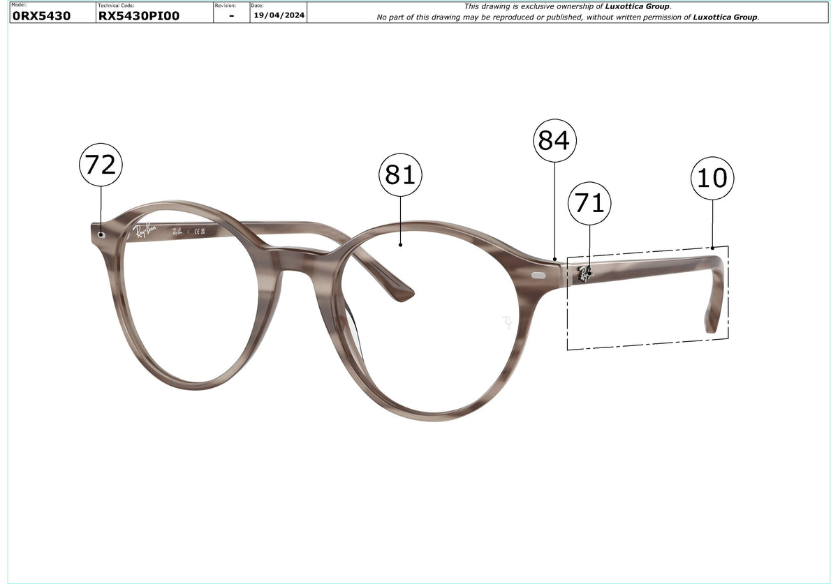 Exploded technical drawing of the Ray-Ban Bernard RX5430 Glasses Replacement Parts, with each replacement part numbered