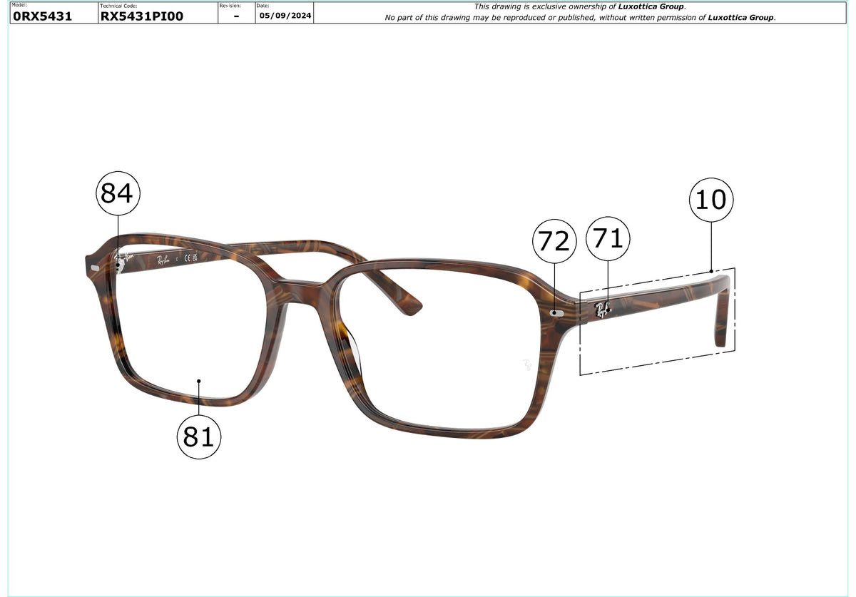 Enlarged technical drawing of the Ray-Ban Raimond RX5431 Glasses Replacement Parts