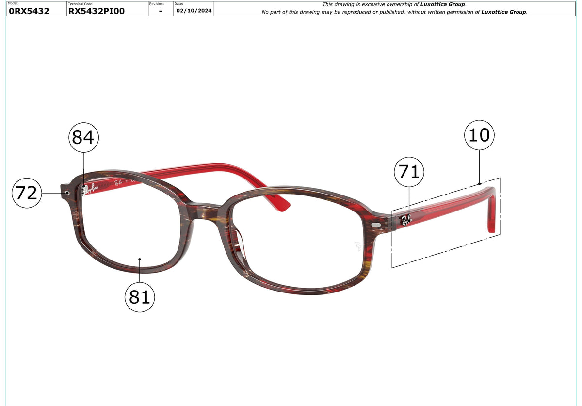 Enlarged technical drawing of the Ray-Ban Sam RX5432 Glasses Replacement Parts