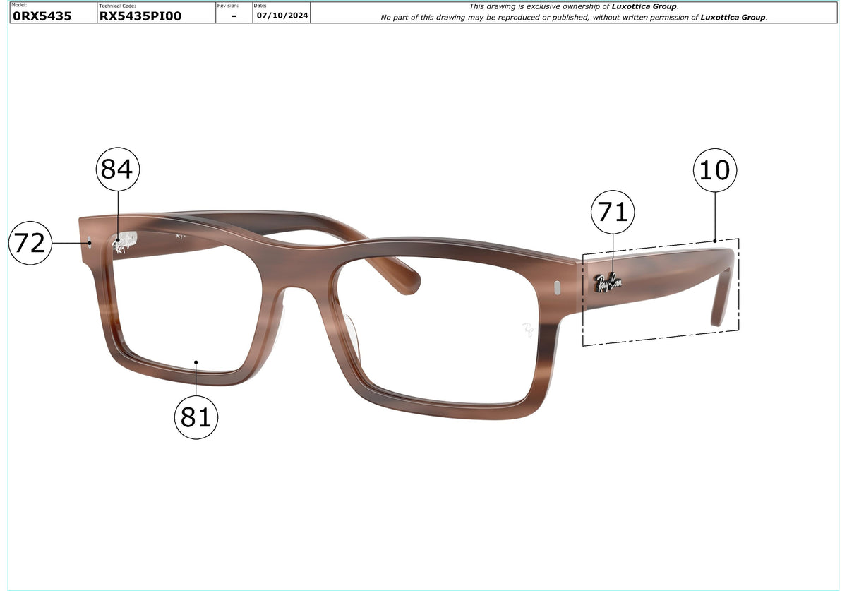 Exploded technical drawing of the Ray-Ban RX5435 Glasses Replacement Parts, with each replacement part numbered
