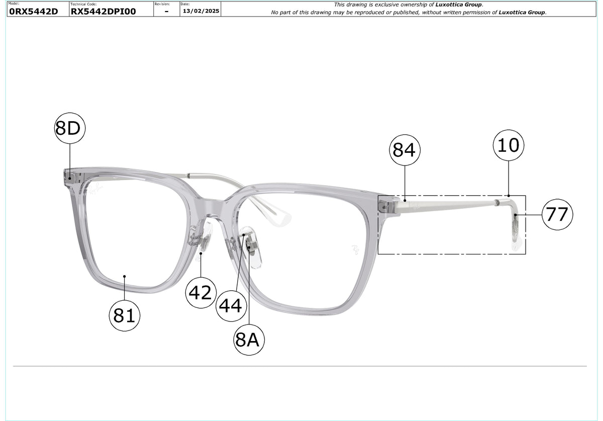 Enlarged technical drawing of the Ray-Ban RX5442D Glasses Replacement Parts