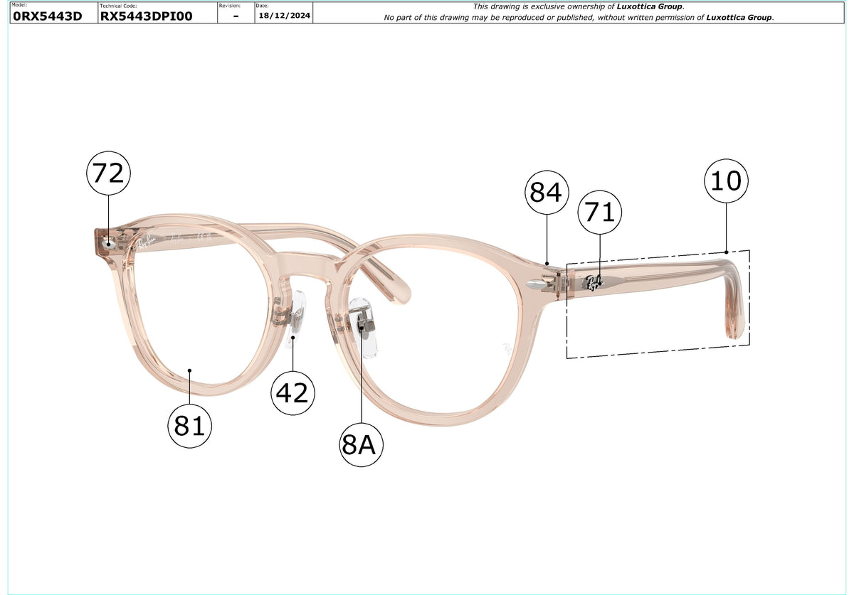 Enlarged technical drawing of the Ray-Ban RX5443D Glasses Replacement Parts