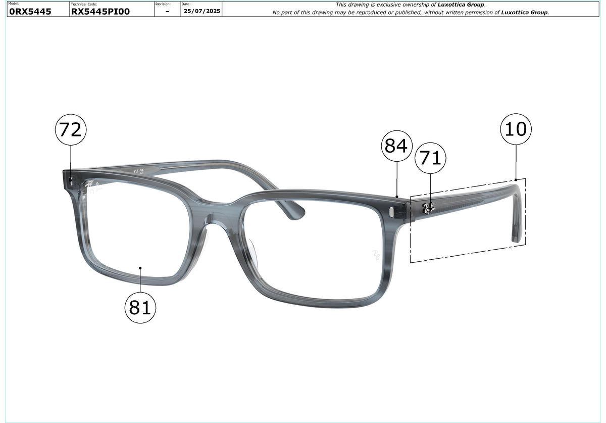 Exploded technical drawing of the Ray-Ban RX5445 Glasses Replacement Parts, with each replacement part numbered