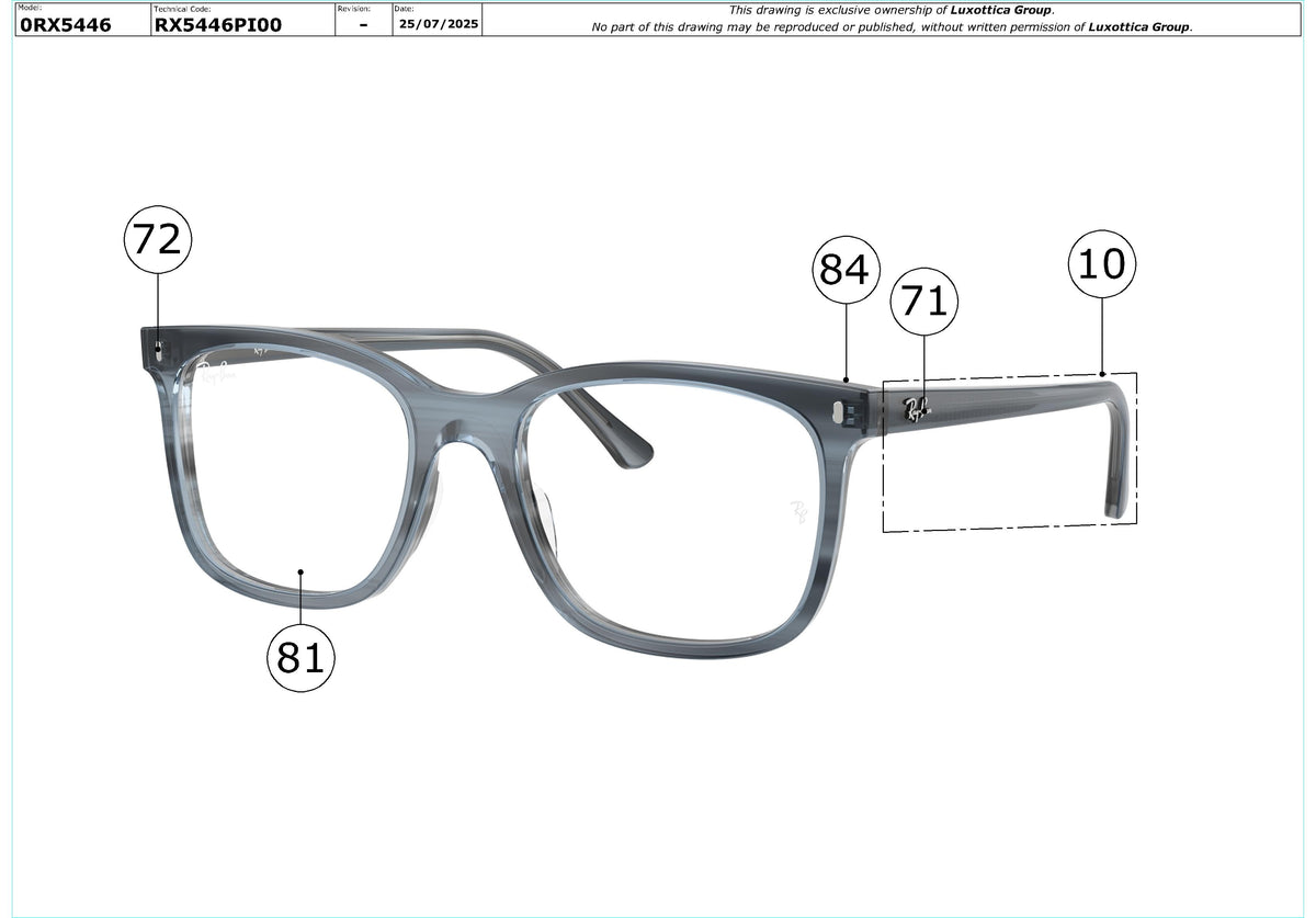 Enlarged technical drawing of the Ray-Ban RX5446 Glasses Replacement Parts