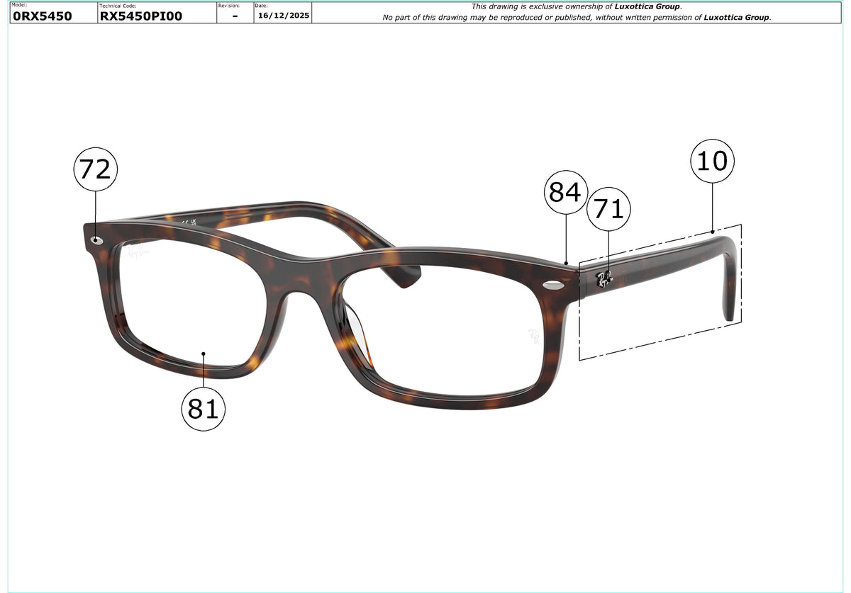 Exploded technical drawing of the Ray-Ban RX5450 Glasses Replacement Parts, with each replacement part numbered
