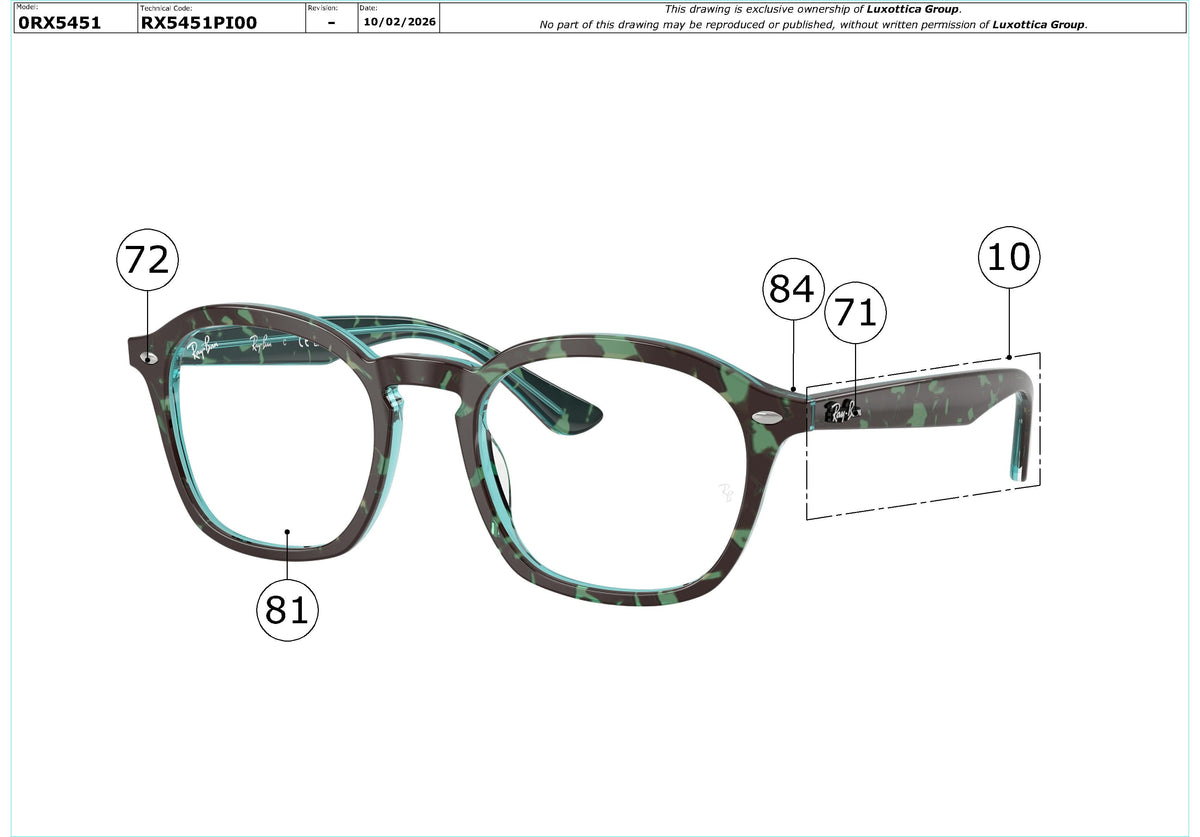Enlarged technical drawing of the Ray-Ban RX5451 Glasses Replacement Parts