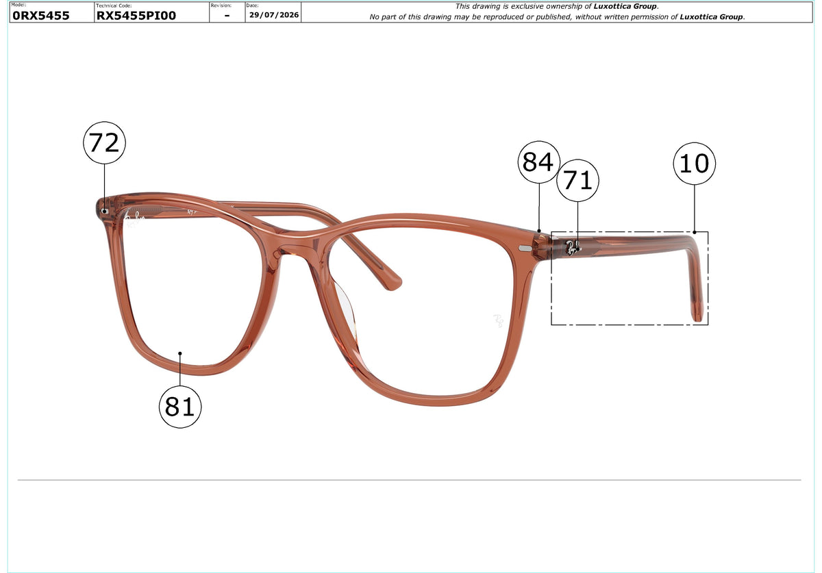 Enlarged technical drawing of the Ray-Ban RX5455 Glasses Replacement Parts