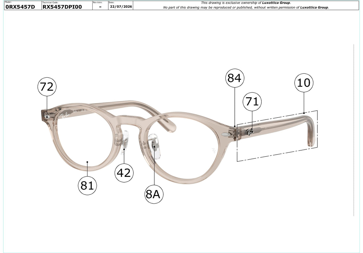 Enlarged technical drawing of the Ray-Ban RX5457D Glasses Replacement Parts