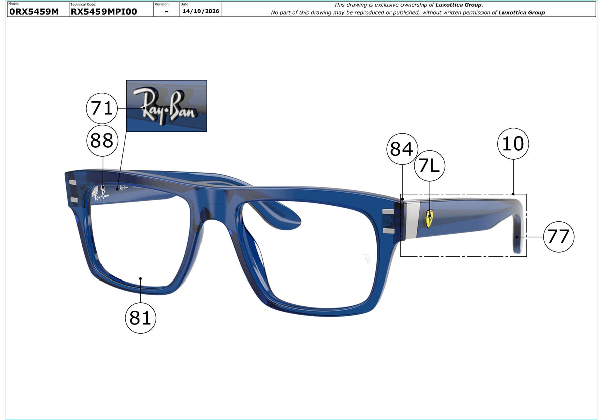 Exploded technical drawing of the Ray-Ban RX5459M Glasses Replacement Parts, with each replacement part numbered