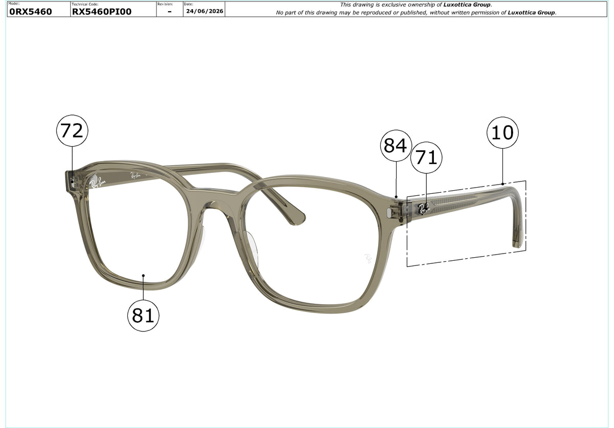 Exploded technical drawing of the Ray-Ban RX5460 Glasses Replacement Parts, with each replacement part numbered