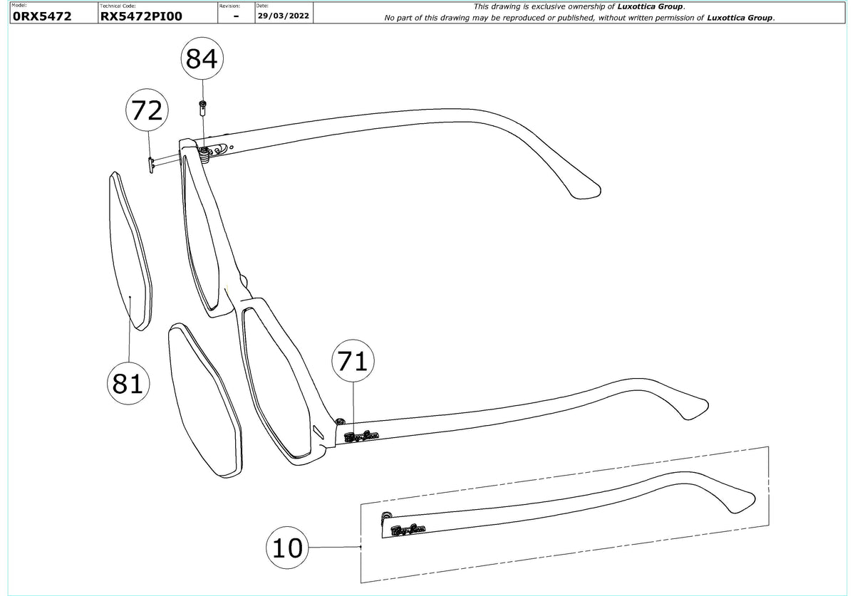 Exploded technical drawing of the Ray-Ban Britt RX5472 Glasses Replacement Parts, with each replacement part numbered