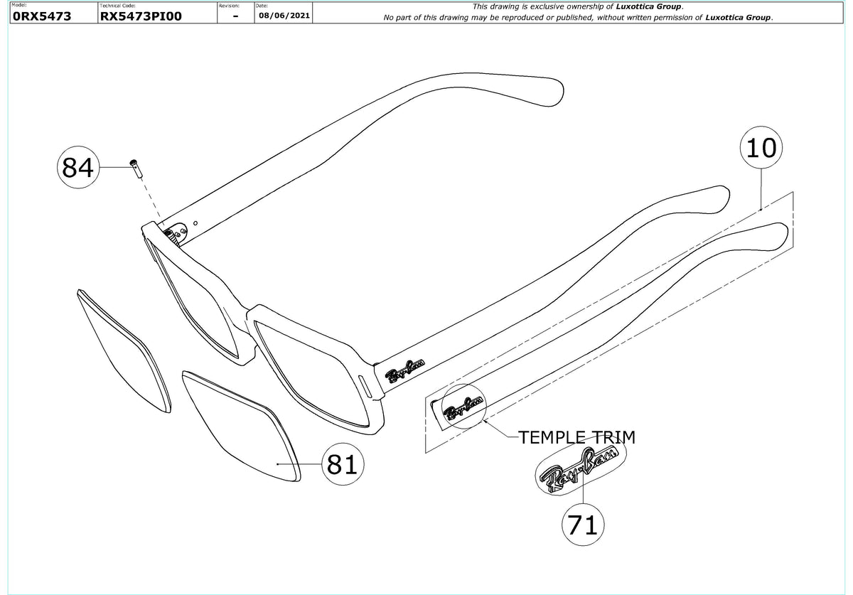 Enlarged technical drawing of the Ray-Ban Benji RX5473 Glasses Replacement Parts
