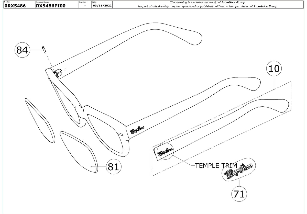 Exploded technical drawing of the Ray-Ban State Street RX5486 Glasses Replacement Parts, with each replacement part numbered