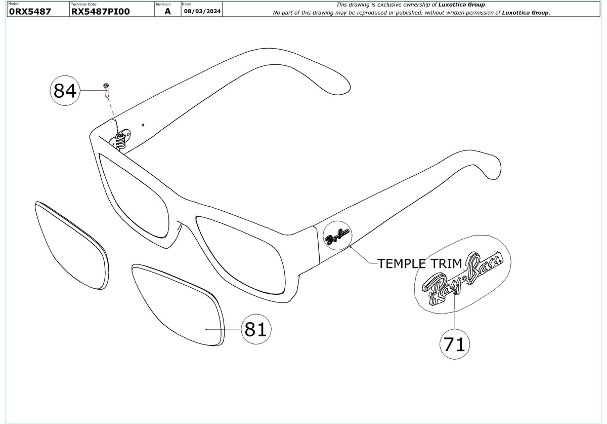 Exploded technical drawing of the Ray-Ban Nomad Wayfarer RX5487 Glasses Replacement Parts, with each replacement part numbered