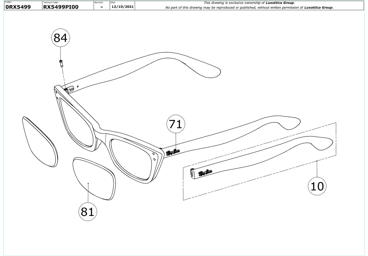 Enlarged technical drawing of the Ray-Ban Lady Burbank RX5499 Glasses Replacement Parts