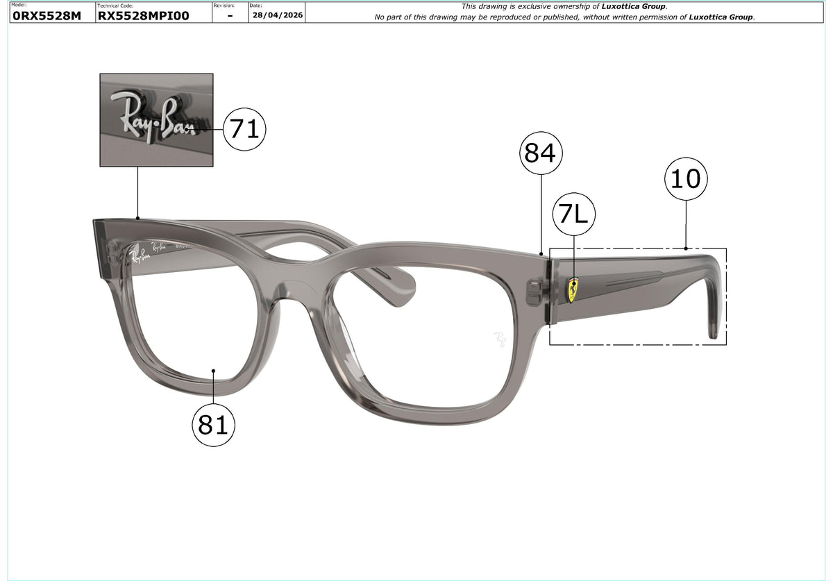 Enlarged technical drawing of the Ray-Ban RX5528M Glasses Replacement Parts
