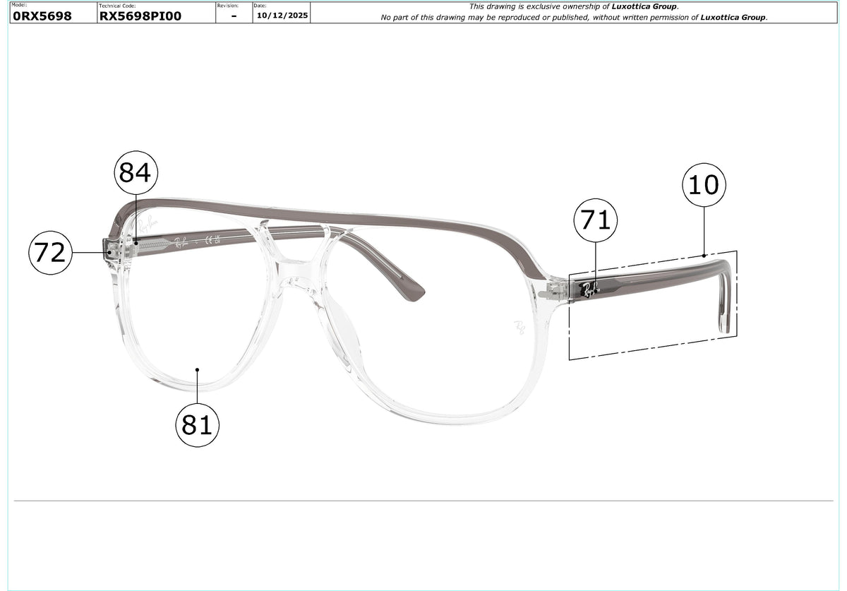 Exploded technical drawing of the Ray-Ban RX5698 Glasses Replacement Parts, with each replacement part numbered