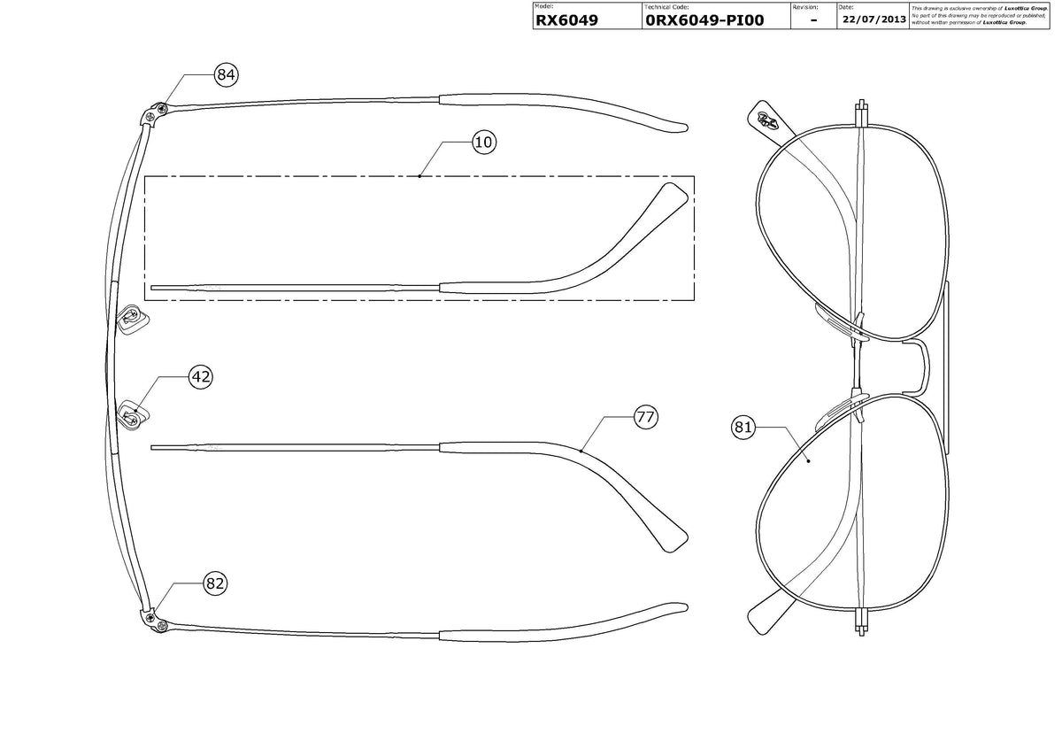 Enlarged technical drawing of the Ray-Ban Aviator RX6049 Glasses Replacement Parts