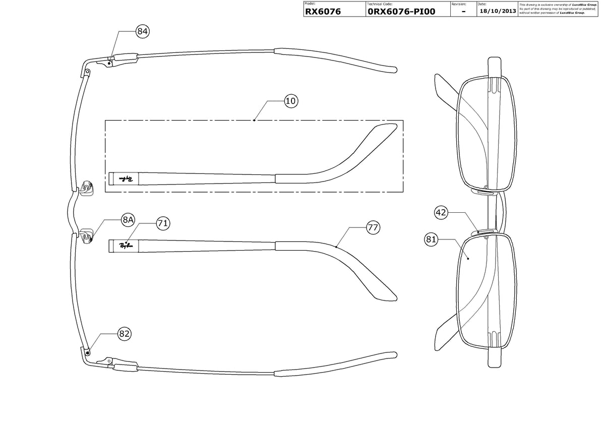 Enlarged technical drawing of the Ray-Ban RX6076 Glasses Replacement Parts