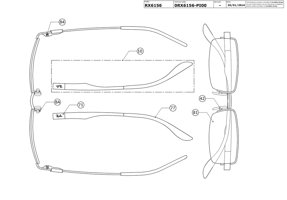 Enlarged technical drawing of the Ray-Ban RX6156 Glasses Replacement Parts