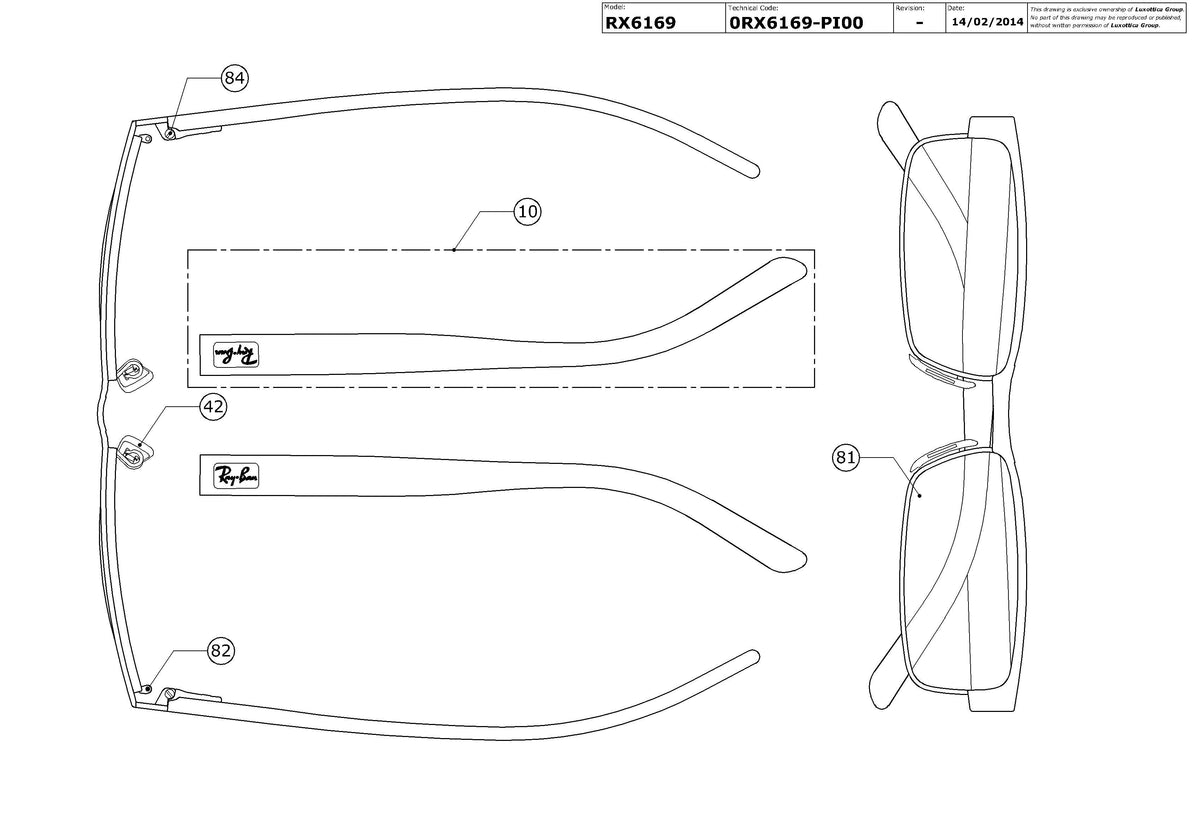 Exploded technical drawing of the Ray-Ban RX6169 Glasses Replacement Parts, with each replacement part numbered
