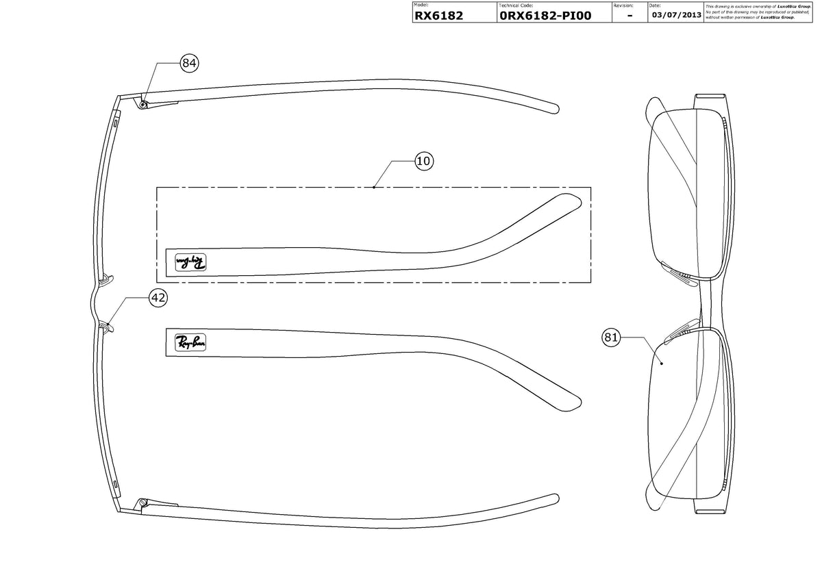Exploded technical drawing of the Ray-Ban RX6182 Glasses Replacement Parts, with each replacement part numbered