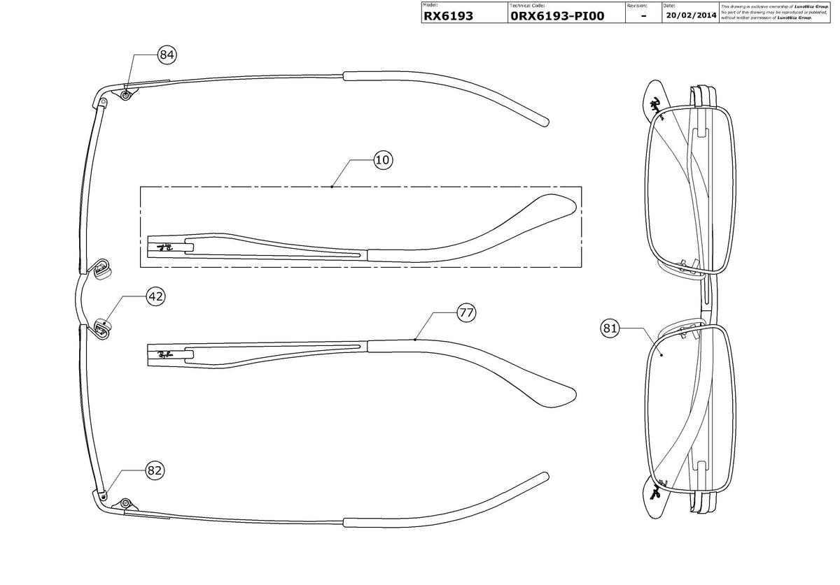 Exploded technical drawing of the Ray-Ban RX6193 Glasses Replacement Parts, with each replacement part numbered