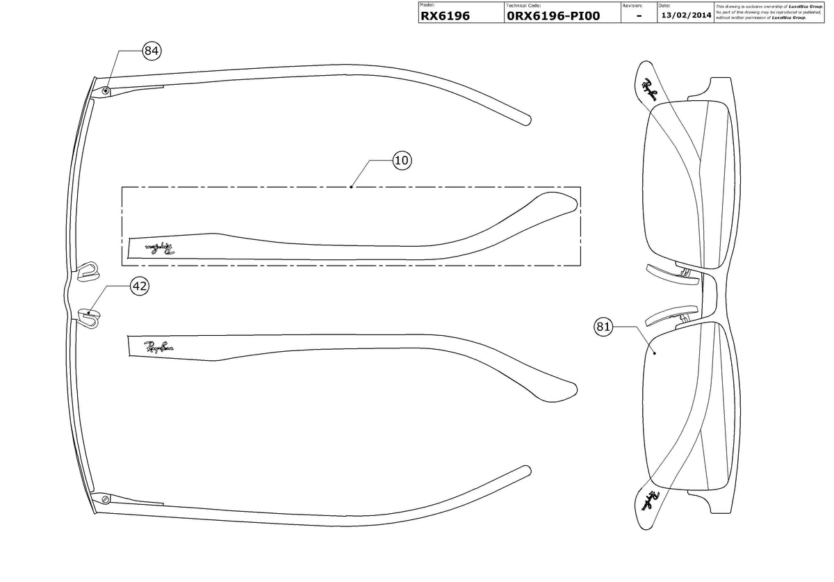 Exploded technical drawing of the Ray-Ban RX6196 Glasses Replacement Parts, with each replacement part numbered