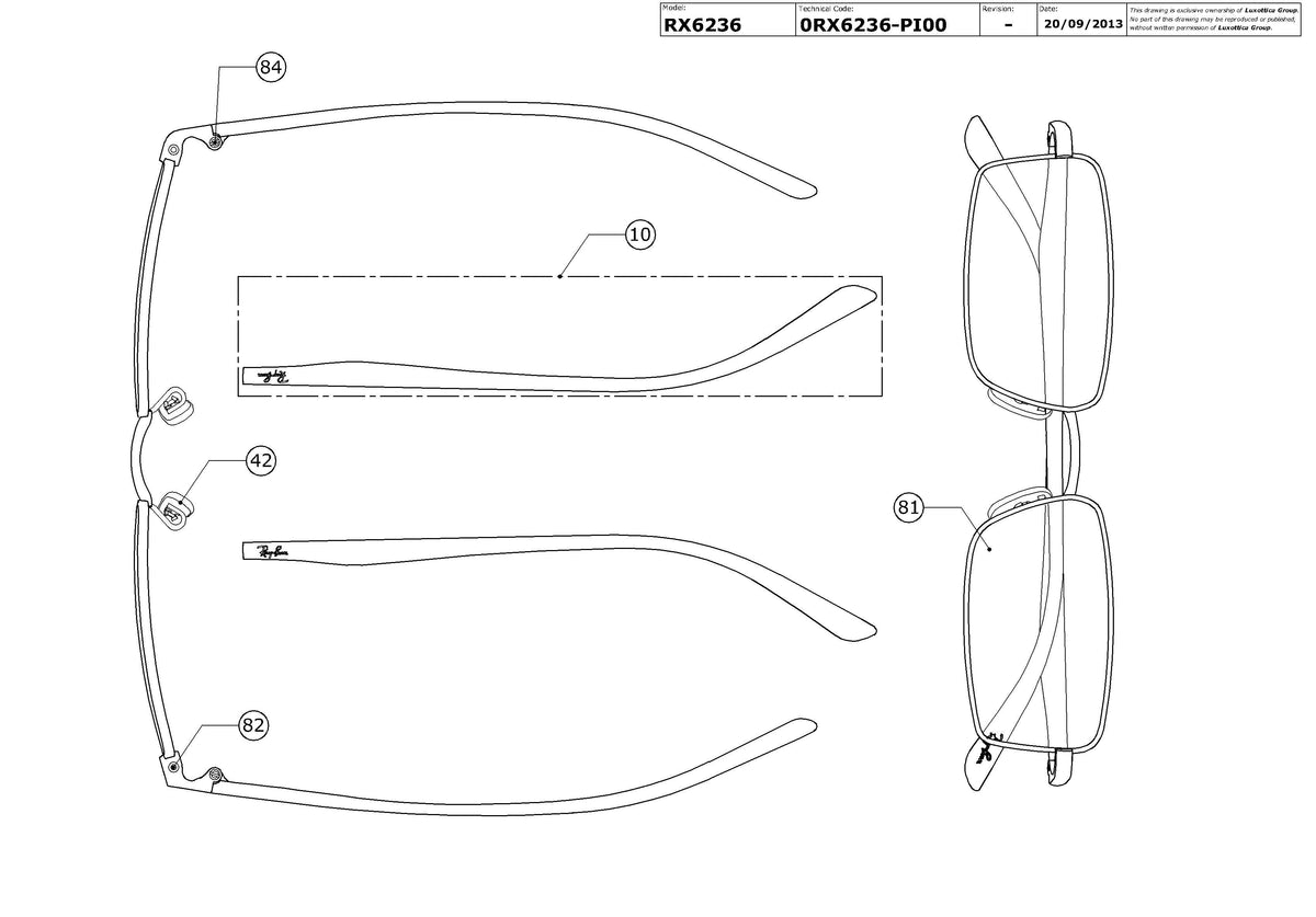 Exploded technical drawing of the Ray-Ban RX6236 Glasses Replacement Parts, with each replacement part numbered