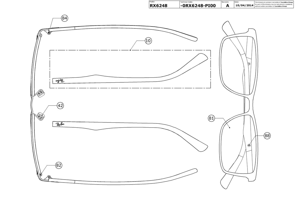 Enlarged technical drawing of the Ray-Ban RX6248 Glasses Replacement Parts