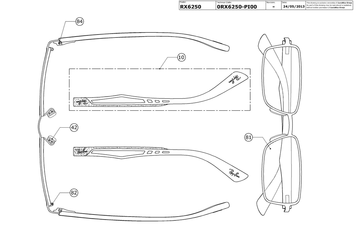Exploded technical drawing of the Ray-Ban RX6250 Glasses Replacement Parts, with each replacement part numbered