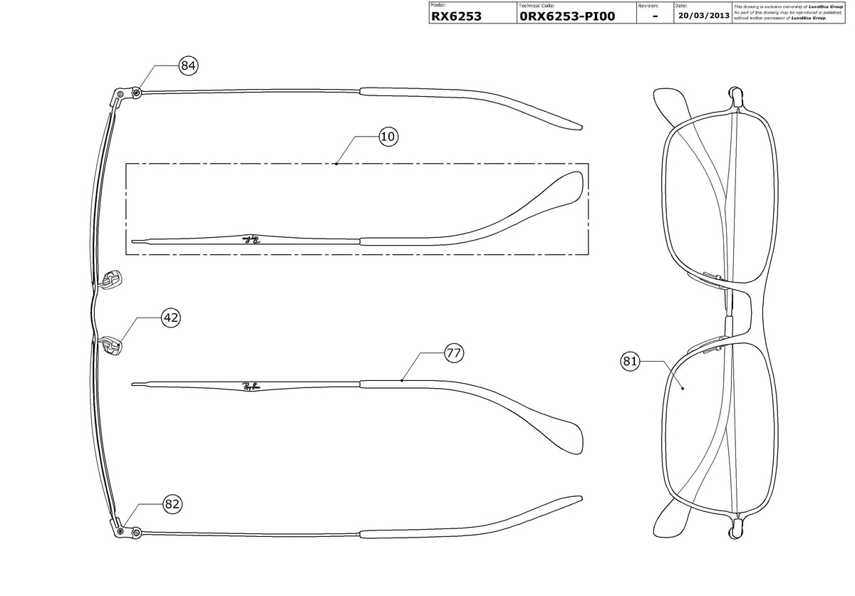 Exploded technical drawing of the Ray-Ban RX6253 Glasses Replacement Parts, with each replacement part numbered