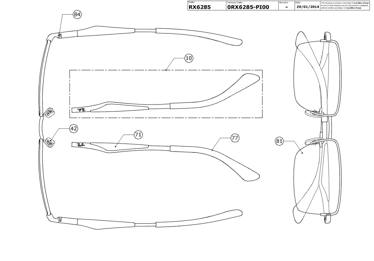 Exploded technical drawing of the Ray-Ban RX6285 Glasses Replacement Parts, with each replacement part numbered