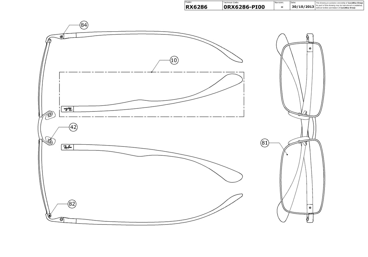 Exploded technical drawing of the Ray-Ban RX6286 Glasses Replacement Parts, with each replacement part numbered