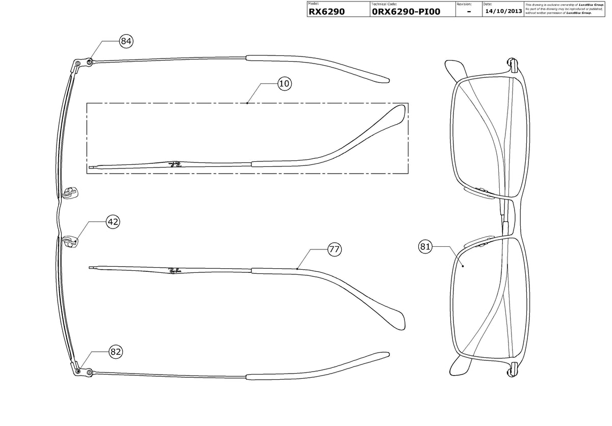 Exploded technical drawing of the Ray-Ban RX6290 Glasses Replacement Parts, with each replacement part numbered