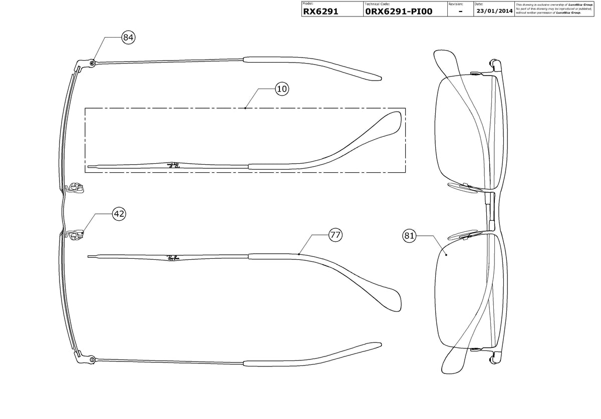 Exploded technical drawing of the Ray-Ban RX6291 Glasses Replacement Parts, with each replacement part numbered